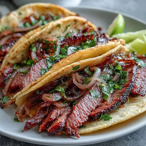 Juicy smoked brisket tacos topped with vibrant pickled red onion and cilantro.