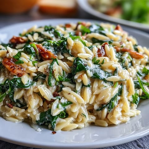 Creamy Boursin Orzo with Spinach, a vibrant vegetarian side dish bursting with garlic herb flavor.