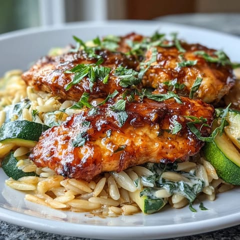 Golden lemon chicken and zucchini nestled in tender orzo pasta, a one-pan delight.
