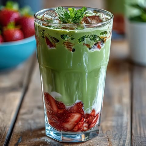 Vibrant strawberry matcha cold foam latte with layered colors and creamy topping.