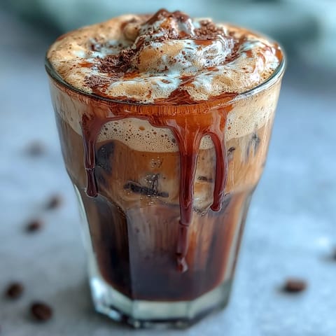 Creamy Brown Sugar Hojicha Cold Foam Coffee with silky foam over iced coffee.