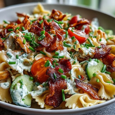 Creamy Chicken Bacon Ranch Pasta Salad with vibrant veggies and savory bacon.