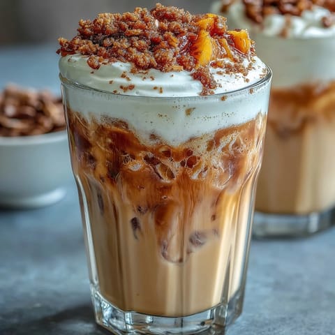 Peach Cobbler Cold Foam Chai, a creamy, peachy iced chai treat.