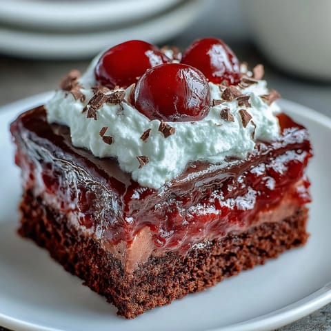 Moist Cherry Cola Jello Poke Cake topped with whipped cream and bright red cherries.