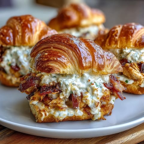 Fluffy croissant sliders piled high with chicken, bacon, and creamy ranch dressing.