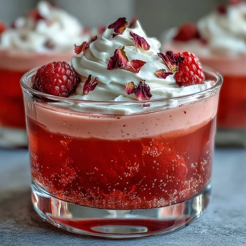 Luscious Raspberry Rose Jello Parfaits layered with cream and fresh berries.