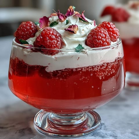 Elegant Raspberry Rose Jello Parfaits adorned with fresh raspberries, perfect for dessert.