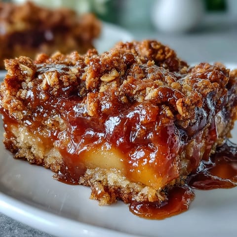 Juicy Miso Caramel Peach Crisp with golden-brown oat topping, perfect summer dessert.
