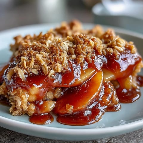Baked Miso Caramel Peach Crisp, bubbling with sweet peaches and salty-sweet sauce.