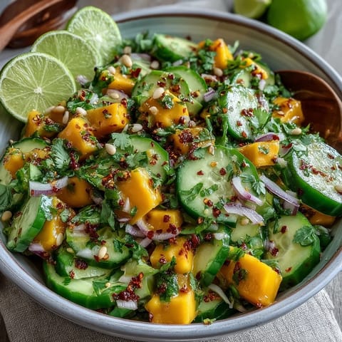 Crisp Mango Tajín Cucumber Salad, a refreshing mix with lime juice and spicy Tajín seasoning.