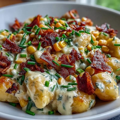 Close-up of Creamy Corn and Bacon Gnocchi, rich sauce coating tender pasta.