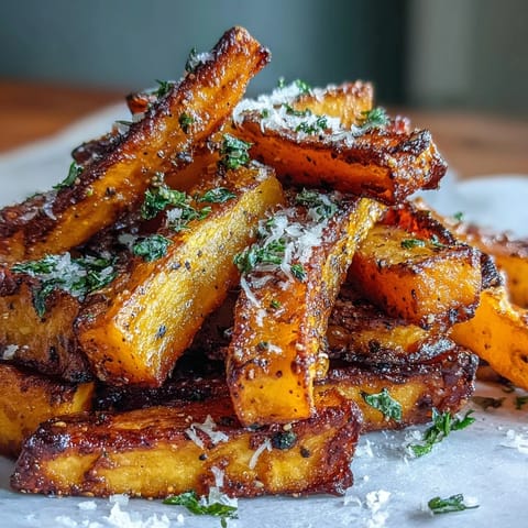 Golden Crispy Parmesan Butternut Squash Fries, oven-baked until tender and cheesy.