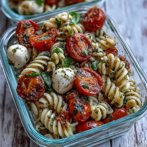 Creamy mozzarella, ripe tomatoes, and basil pesto combine in this easy pasta salad.