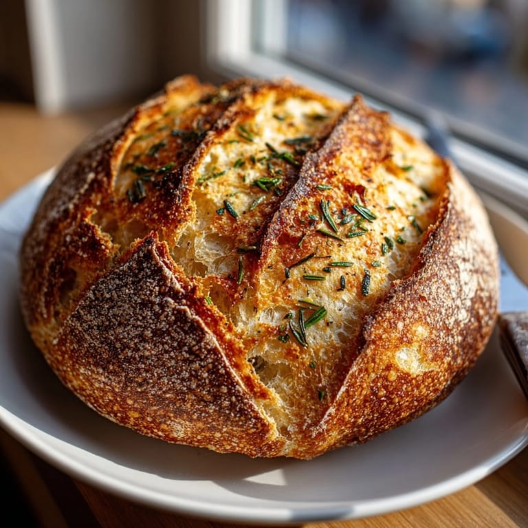 Freshly baked Rosemary Garlic No-Knead Artisan Bread, with visible herbs and roasted garlic inside.