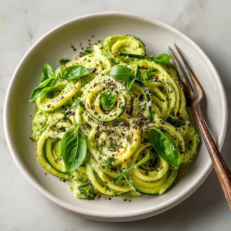 Bright green avocado basil cream sauce over zucchini noodles, a flavorful and healthy dish.