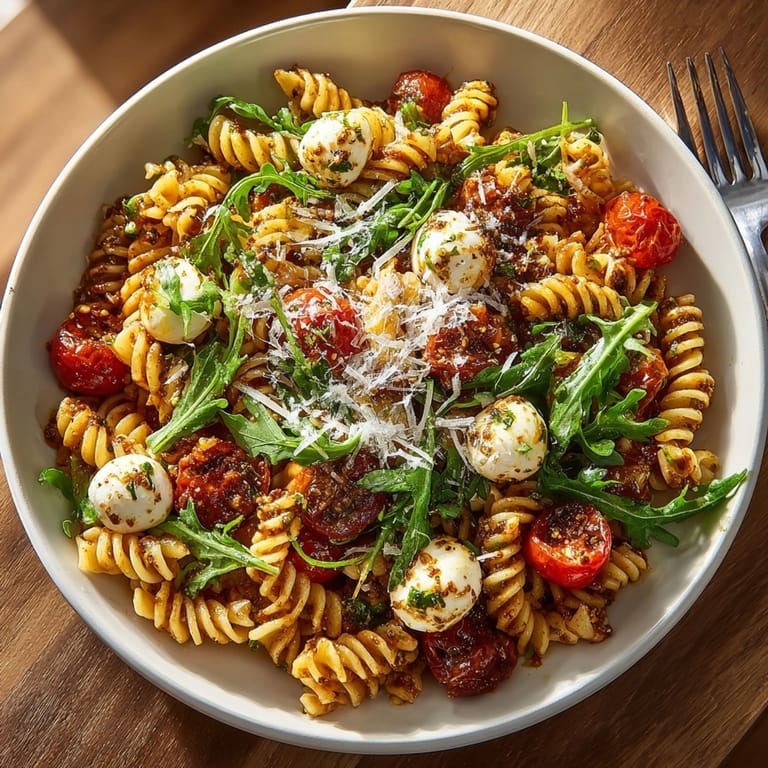 Creamy mozzarella pearls and bright red tomatoes highlight this delicious Sun-Dried Tomato Basil Pesto Pasta Salad.