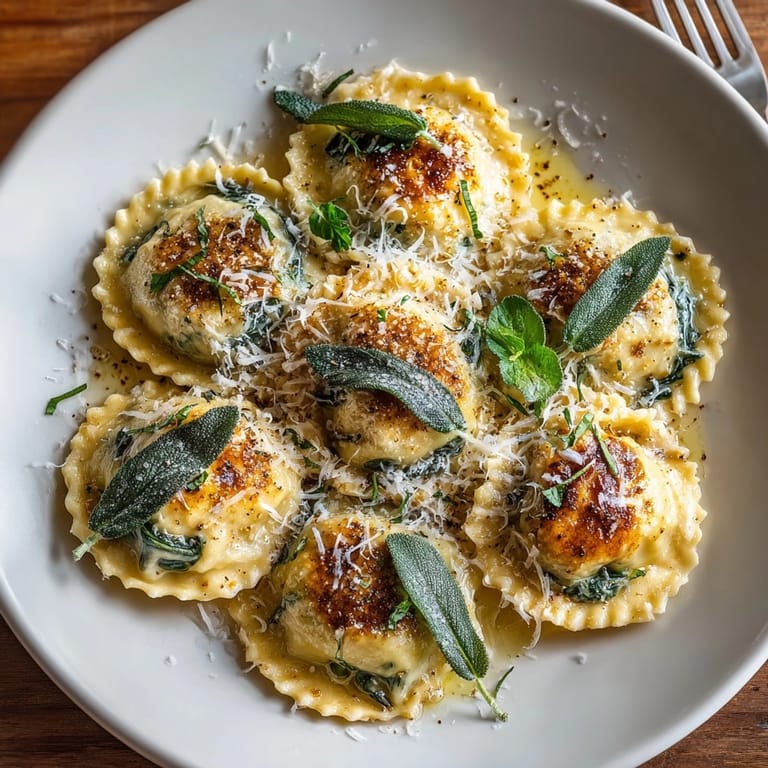 A plate of spinach and ricotta handmade ravioli, garnished generously with Parmesan and sage leaves for a beautiful presentation.