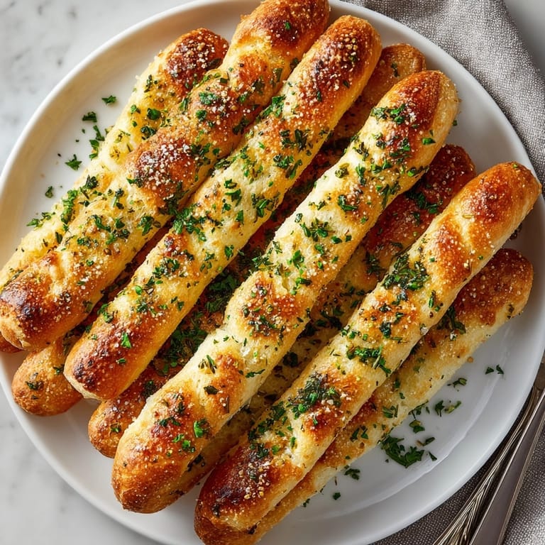 A rustic plate of freshly baked Fresh Herb-Infused Olive Oil Breadsticks, warm and perfect for sharing.