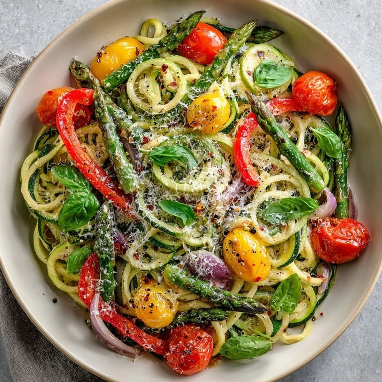 A steaming bowl of zucchini noodle primavera showcasing colorful vegetables and fresh basil ready to enjoy.