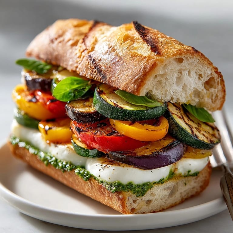 Fresh mozzarella and juicy tomatoes enhance these Grilled Vegetable Caprese Sandwiches with basil pesto aioli.
