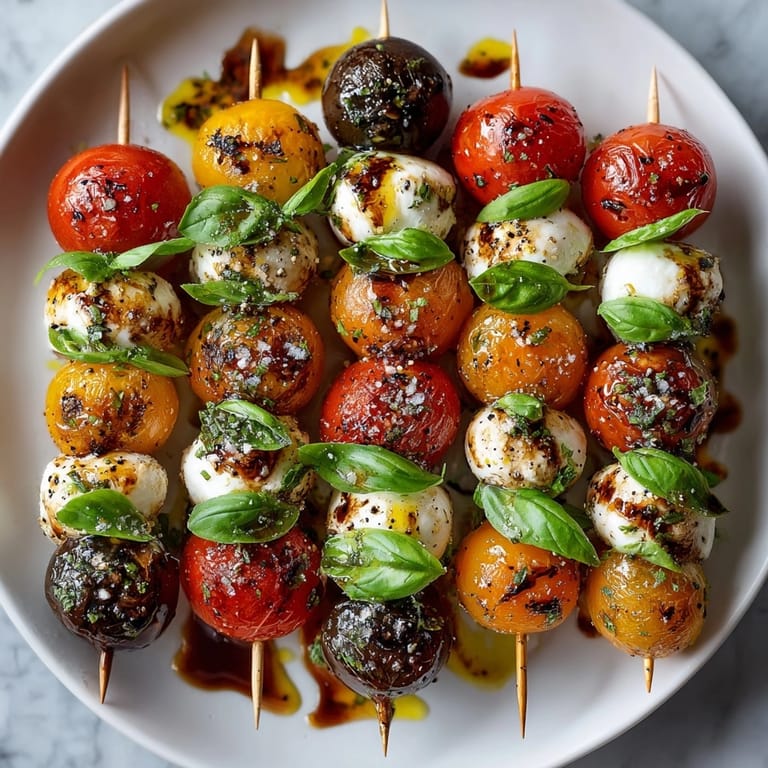 Close-up of refreshing heirloom tomato, basil, and mozzarella skewers, drizzled with balsamic glaze and herbs.