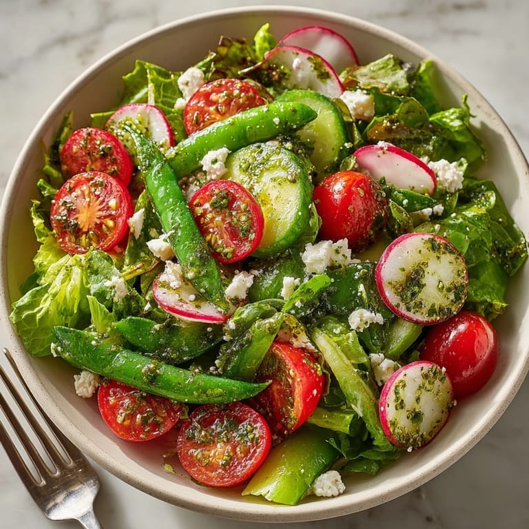 A beautiful close-up of a Spring Garden Salad with Herb Vinaigrette, ready to enjoy at a picnic.