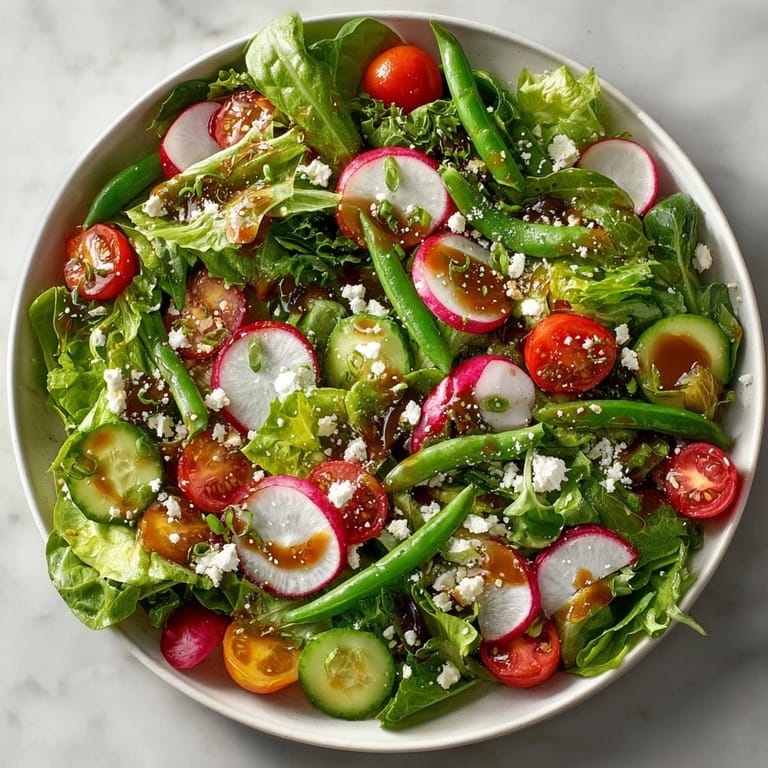 This refreshing Spring Garden Salad with Herb Vinaigrette showcases colorful ingredients tossed in a homemade dressing.