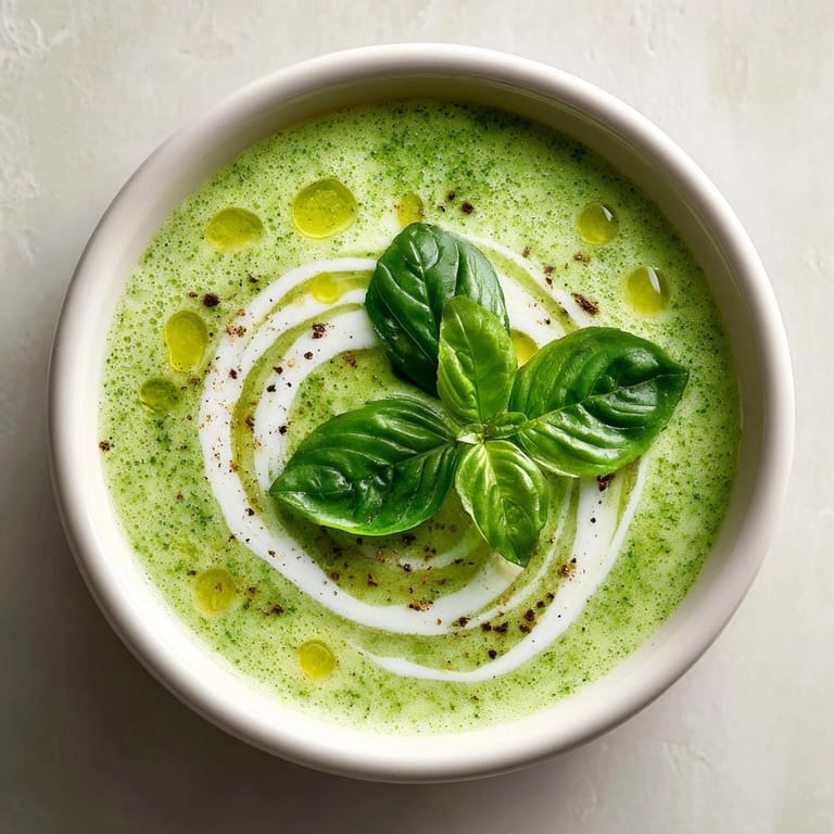 Close-up of the chilled basil and cucumber soup, with a beautiful swirl of yogurt on top.