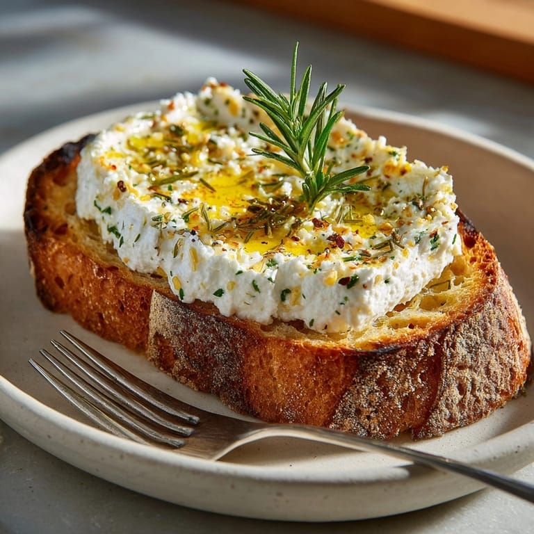 Creamy rosemary ricotta spread on toasted bread, creating a delicious savory toast experience.