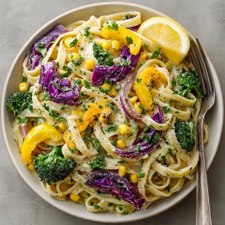 Close-up of the festive Mardi Gras Pasta showcasing purple cabbage, golden corn, and green broccoli.