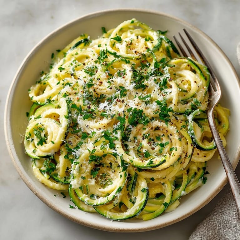 Garlic Parmesan Zucchini Noodle Alfredo in a skillet, topped with parsley and extra cheese.