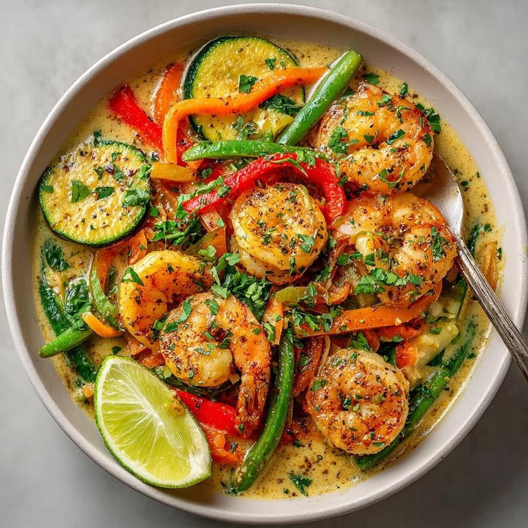 Shrimp and vegetable curry plated with jasmine rice, garnished with lime wedges and cilantro.