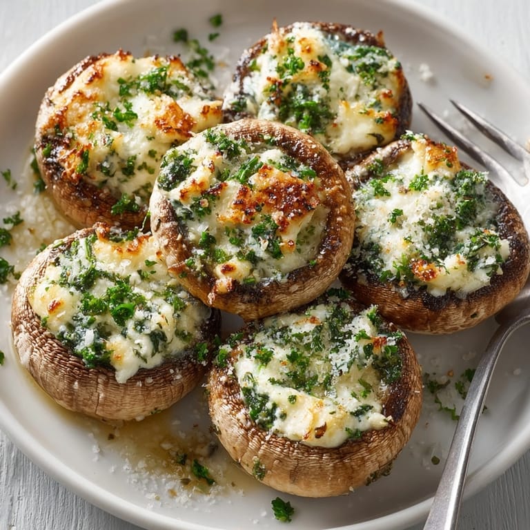 Close-up of stuffed cheese mushroom caps, garnished with fresh herbs, ready to serve as appetizers.