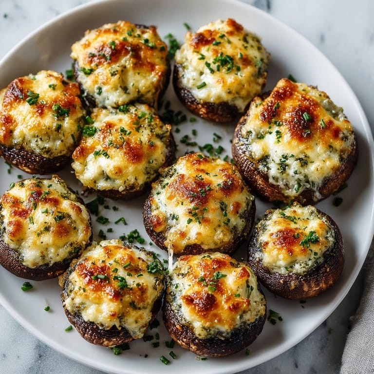 Party platter of hot stuffed cheese mushroom caps, toasted cheese topping bubbling on each cap.
