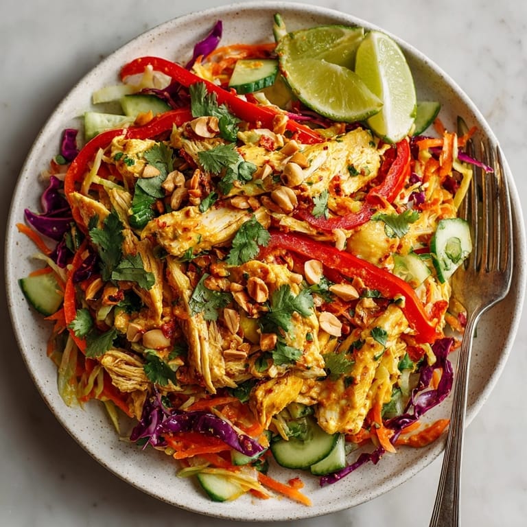 Thai Curry Chicken Salad served in a white dish, vibrant with crunchy cabbage and carrots