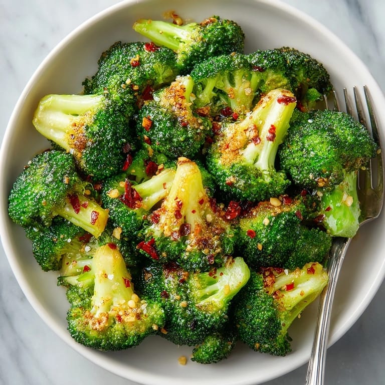 Freshly cooked Crispy Garlic Air Fryer Broccoli, glistening with olive oil, ready as a healthy side dish.
