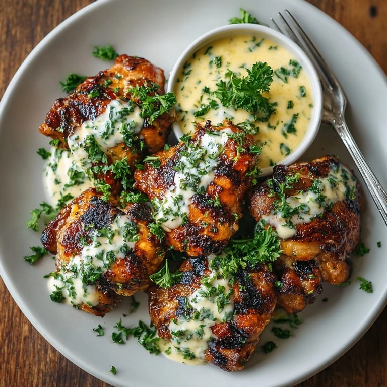 Tender grilled chicken bites paired with rich creamy garlic sauce, ideal for easy weeknight dinners.