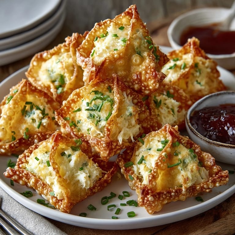 Crispy Crab Rangoon wontons fresh from the fryer, ready for dipping in sweet sauce.