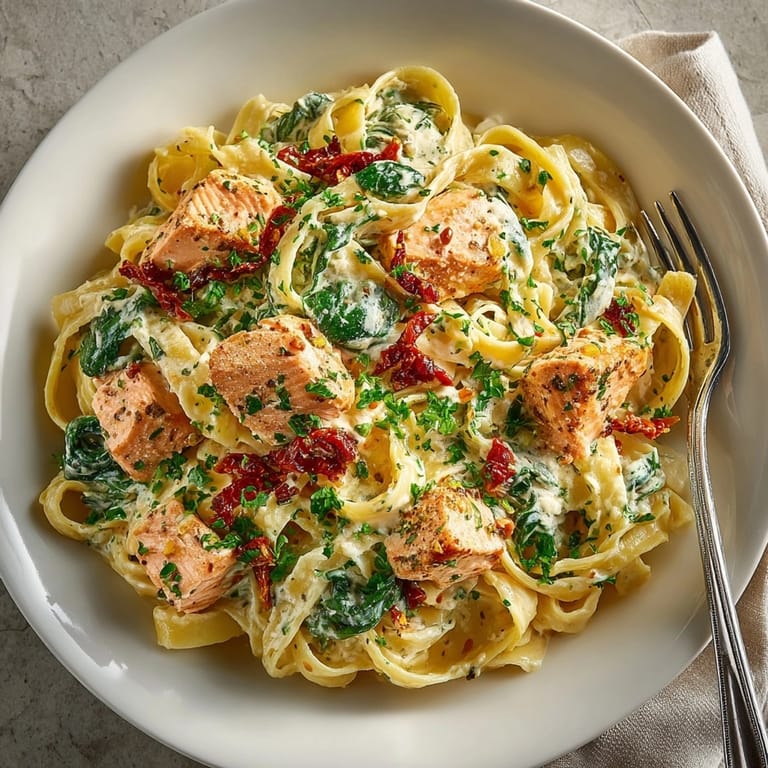 Hearty bowl of Creamy Tuscan Salmon Pasta with flaky salmon pieces in a rich, Italian-inspired sauce.