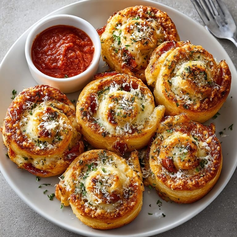 Hot mozzarella pepperoni croissant rolls served with pizza sauce for dipping, showcasing crispy layers and savory aroma.