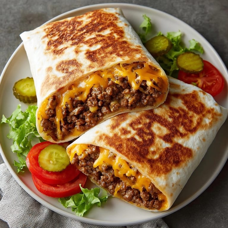 Close-up of crispy grilled cheeseburger wraps filled with savory ground beef and gooey cheese.