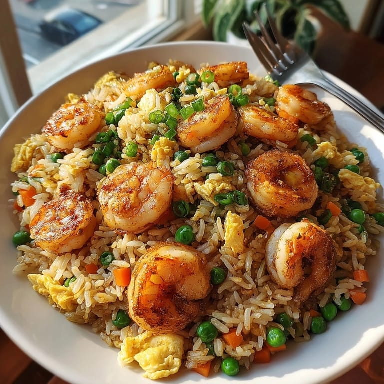 A close-up shows pan of Shrimp Fried Garlic Rice ready to serve.