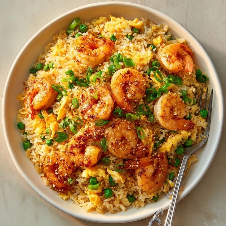 Vibrant, fragrant Shrimp Fried Garlic Rice topped with green onion, ready to eat.