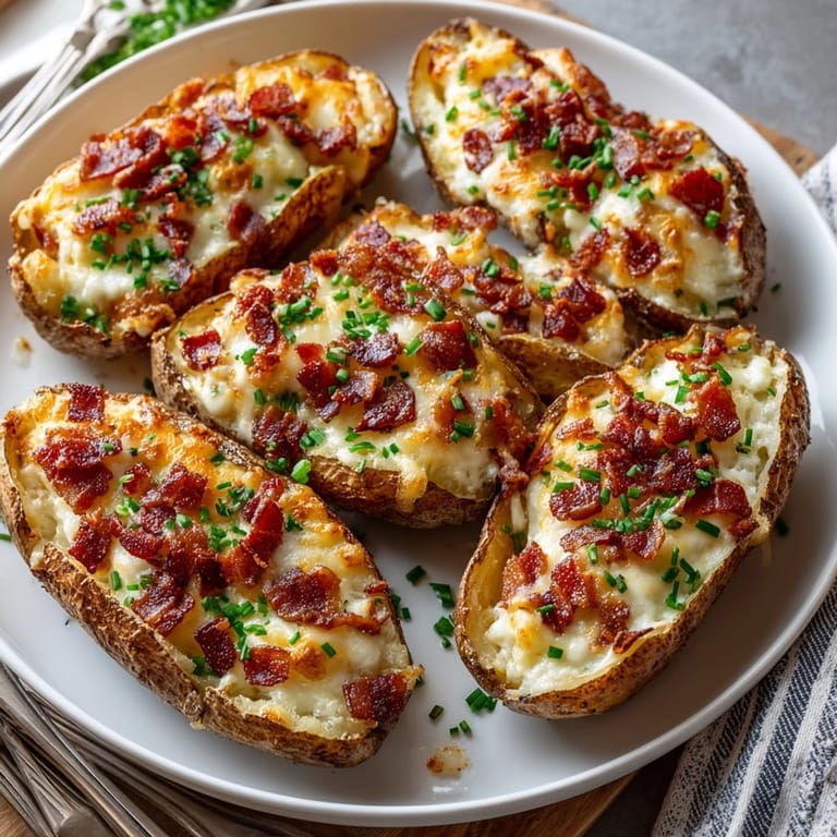 Creamy, cheesy Alfredo Bacon Potato Skins recipe, garnished with chives and served hot, ready to eat.