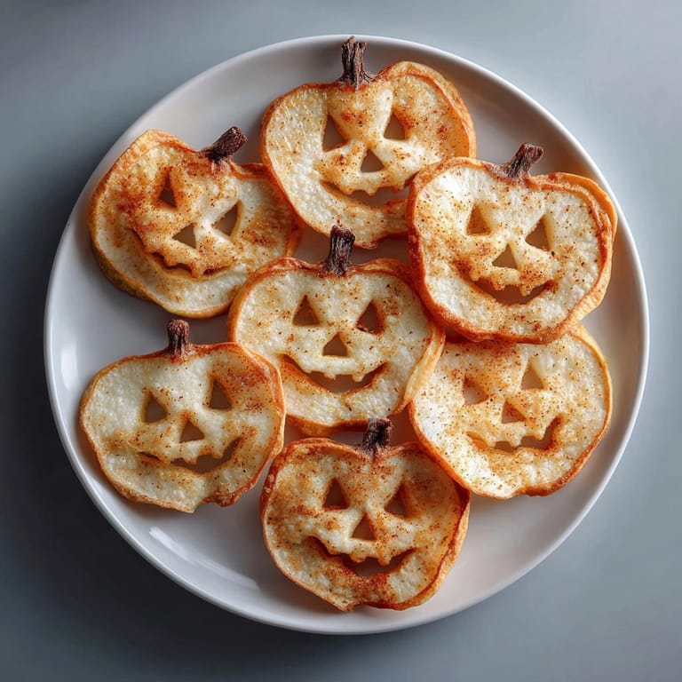 Crispy Air Fryer Apple Chips with Jack-o'-Lantern designs, a festive fall treat.
