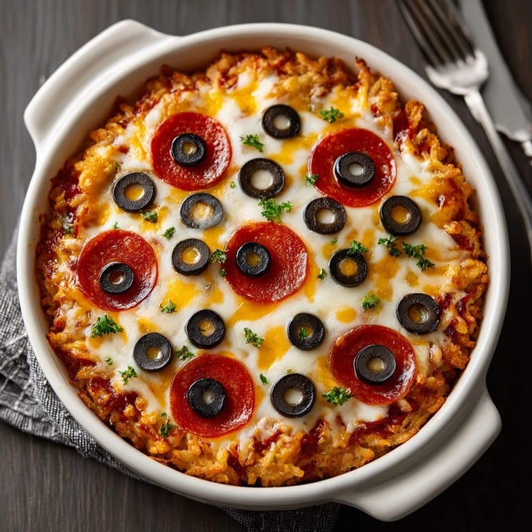 Warm, cheesy Eerie Eyeball Pizza Dip ready to be scooped with toasted baguette slices.