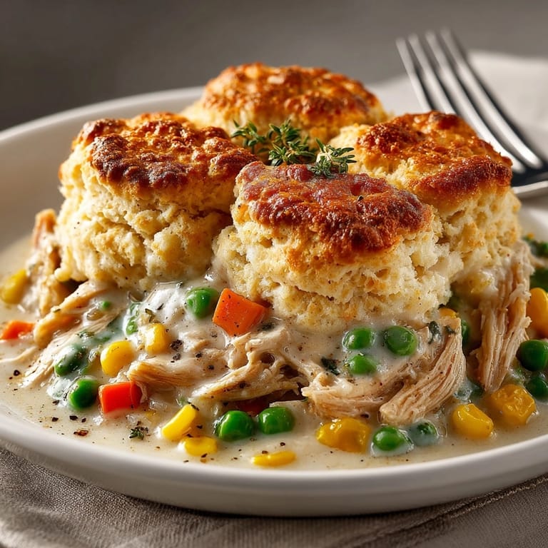 Comforting Chicken Cobbler Express: A creamy, savory chicken bake with golden biscuit topping.