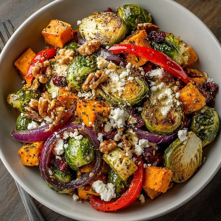 A vibrant Baked Salad with Brussels Sprouts topped with feta, ready to serve.