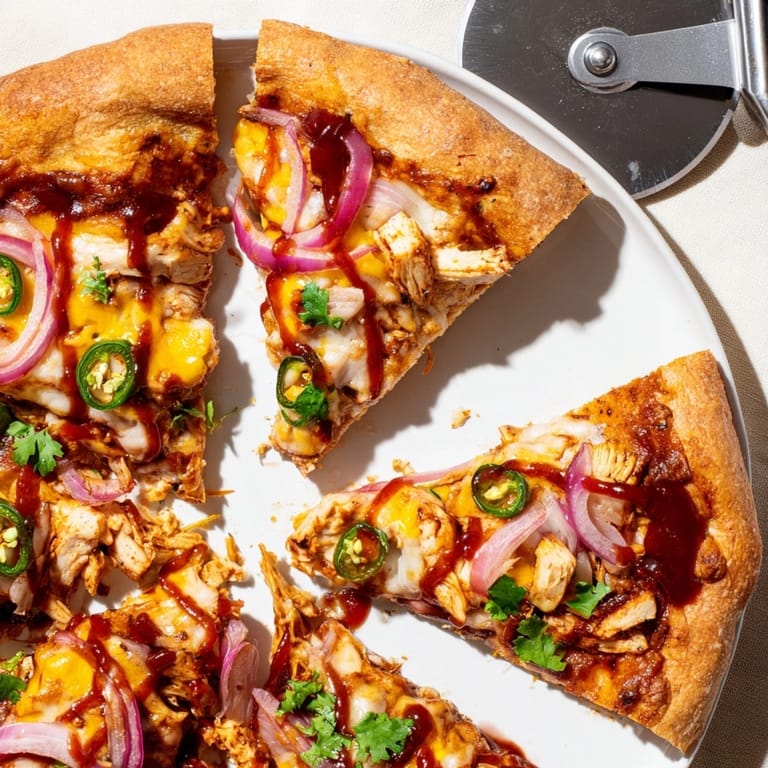 Close-up of a freshly baked BBQ Chicken Pizza with cilantro garnish, ready to eat.https://cdn.midjourney.com/839a6f86-4da6-4c71-a686-945ddd575edb/0_3.webp
