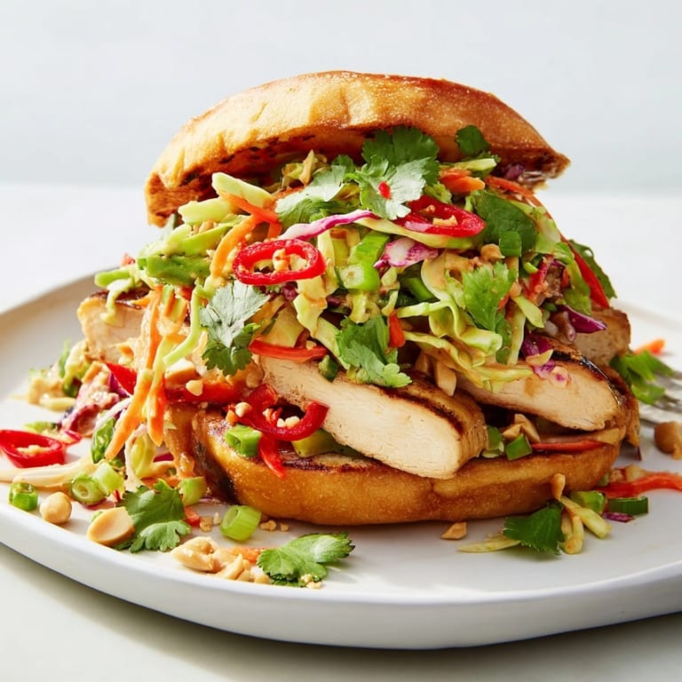 Homemade Thai Peanut Slaw Chicken Sandwich: toasted bun, savory chicken, and colorful slaw.